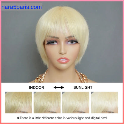 NARA5-Perruques courtes coupe lutin cheveux raides 613 Blonde brésilienne.