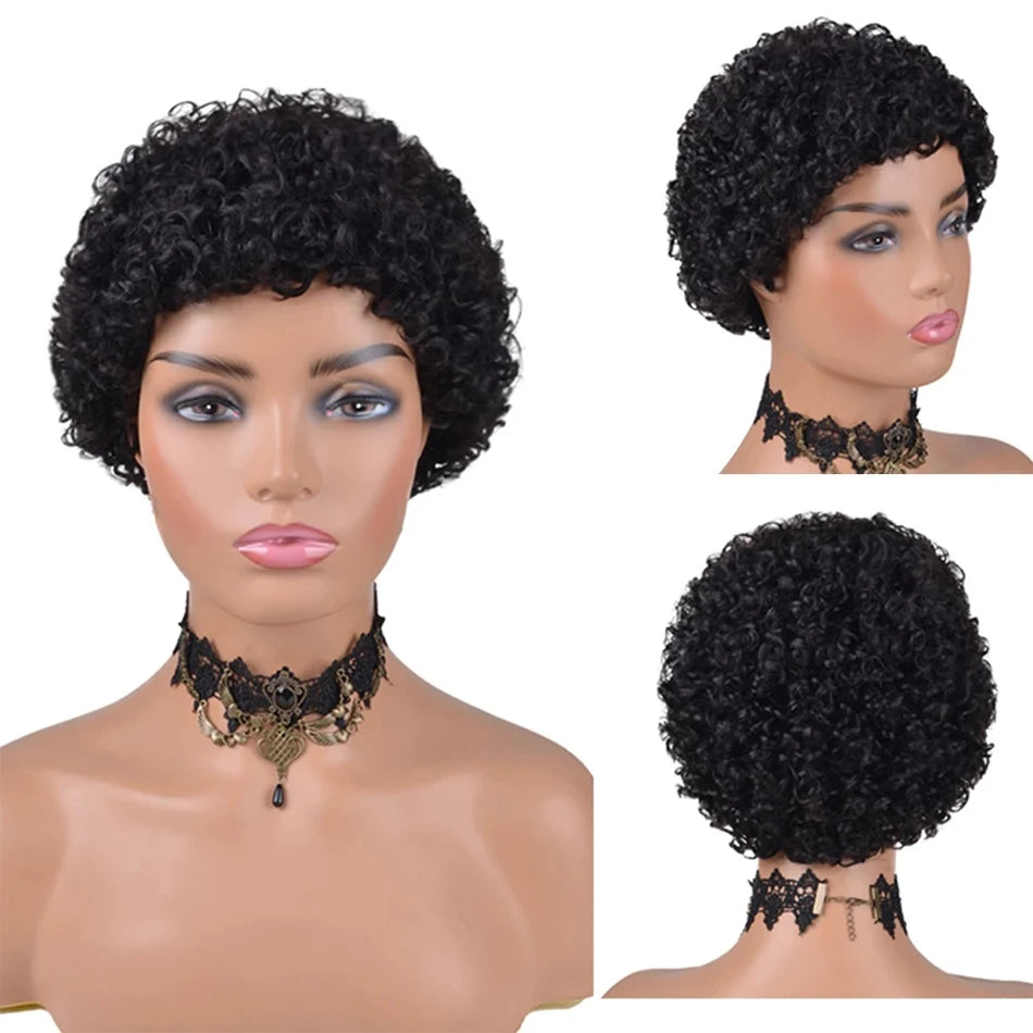 NARA5-Perruques courtes bouclées Pixie Cut Remy Brazilian Human Hair Wigs.