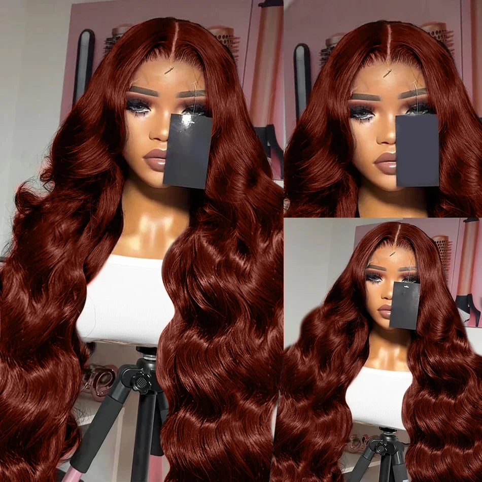 NARA5-Perruque Lace Front Wig Body Wave naturelle brun rougeâtre.