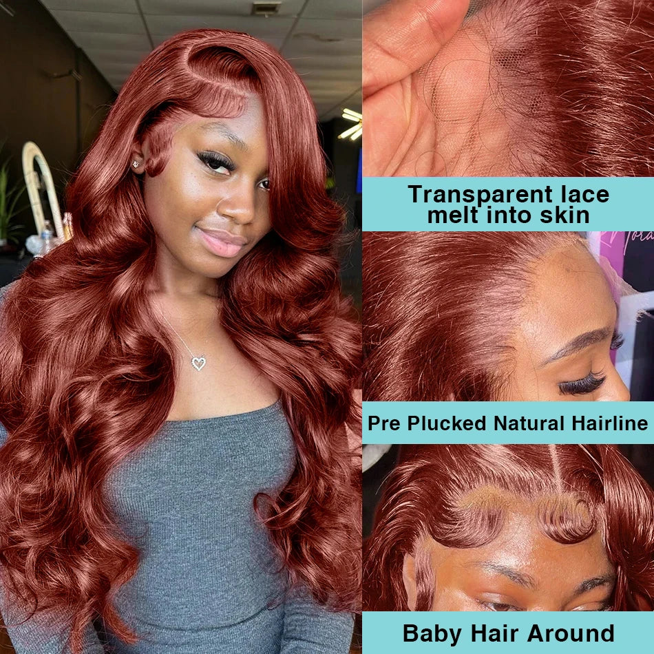 NARA5-Perruque Lace Front Wig Body Wave naturelle brun rougeâtre.